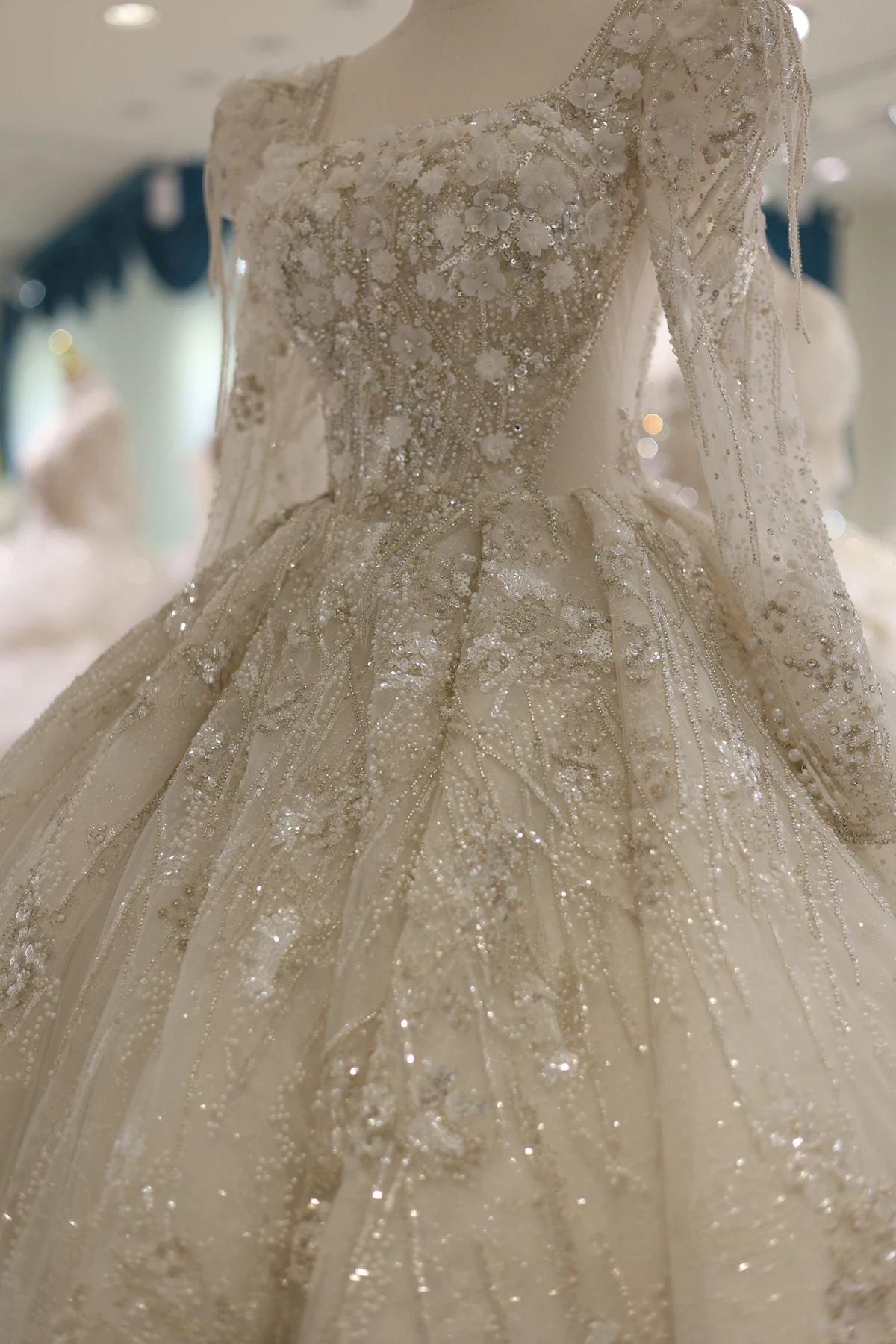 Sharon disse luxo 3d flores rendas mangas compridas vestido de casamento elegante decote quadrado vestido de baile vestidos de noiva rs007 personalizado