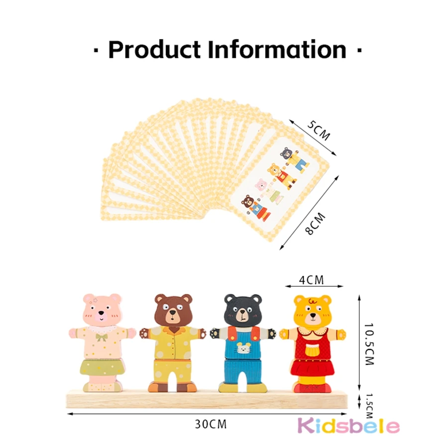 Orsi che cambiano vestiti Blocchi impilabili Giocattolo Montessori in età prescolare in legno Puzzle colorato Gioco fantasioso per bambini Regalo di compleanno