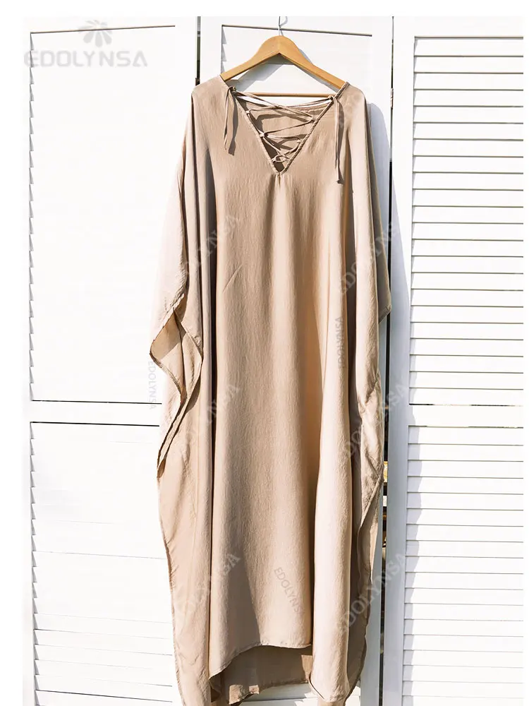 2024 Summer Champagne Gold Sexy V Neck Lacing Up Plunging Batwing Sleeve Plus Size Beach Dress Women Beachwear Maxi Dresses Q877