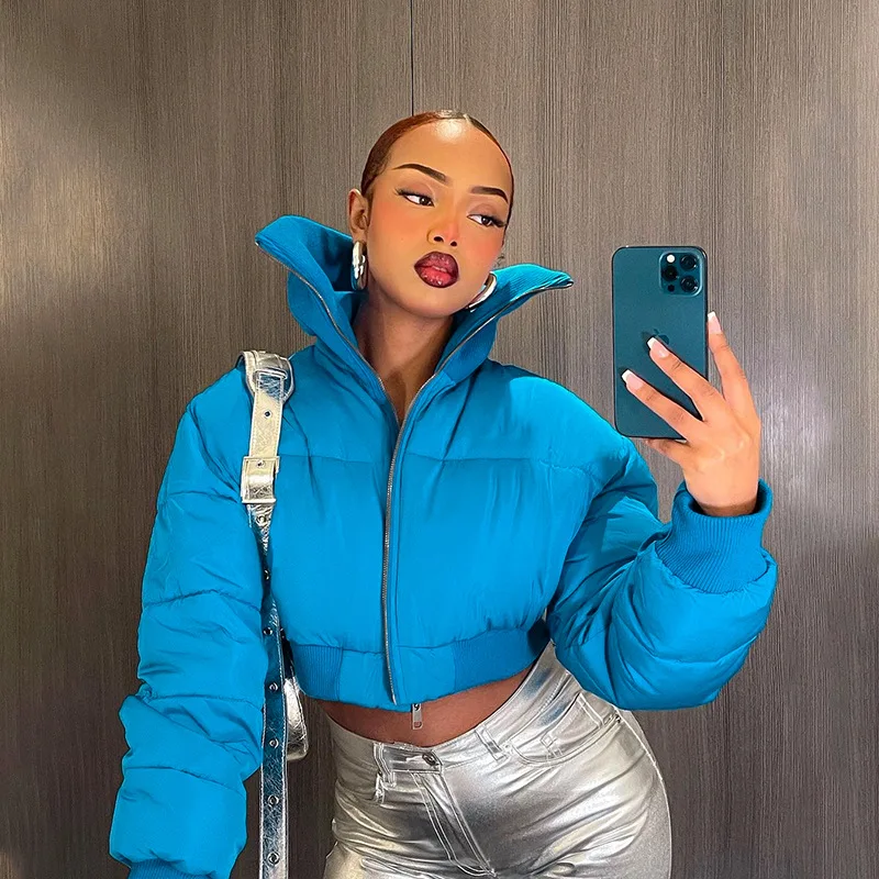 Women Stand Collar Crop Puffer Jacket Zipper Blue Bubble Coats Down High Waist Slim Cotton Short Puff Warm Jacket