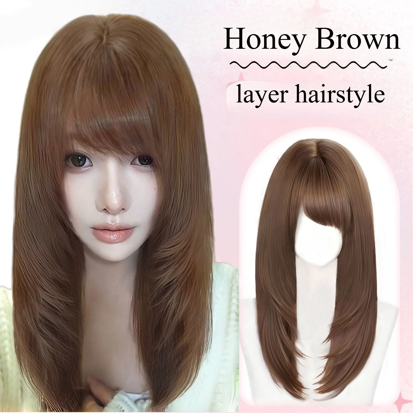 

Honey Brown Wig with Bangs 18inch Straight Hair Wig Natural Looking Synthetic Wigs for Women High Temperature Fibers Lolita Wig