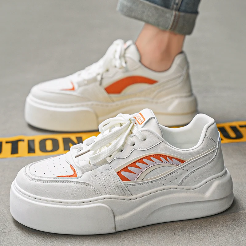 

New White Orange Chunky Sneakers Men Fashion Casual Leather Platform Sneakers Man Outdoor Comfy Non-slip Men's Skateboard Shoes