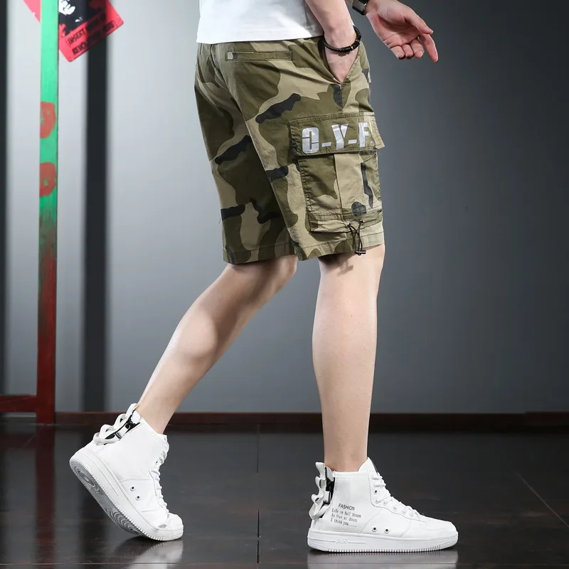 Fashion Camouflage Shorts Men 2022 Summer Casual Multi-Pocket Gray White Drawstring Short Cargo Pants