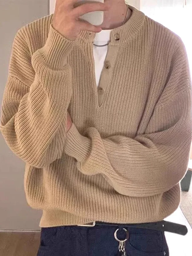 

American Relax Sle Knitted Henry irt Men Loose f Button Sweatirt Door Front Collar Workwear Wool Sweater Trendy