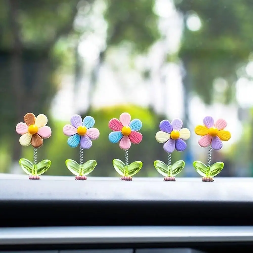 Rainbow Flower Car Ornaments Shaking Head Spring Flower Auto Dashboard Rearview Mirror DIY Decor Dashboard Accessories