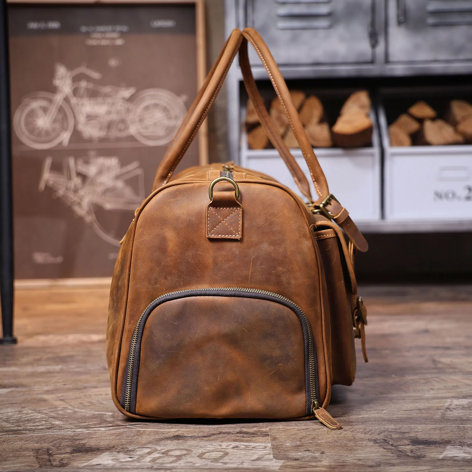 S.WORKER Vintage Echtleder-Reisetasche aus Crazy-Horse-Rindsleder, handgefertigte Weekender-Tasche, Sporttasche – Detail 10