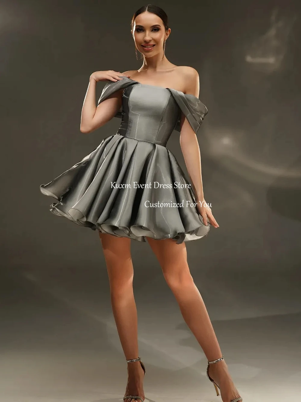 

Kuxm Above Knee Shiny Satin Homecoming Dress Short Sleeves Off Shoulder Vestidos De Noche Mini Formal Party Gowns Customized