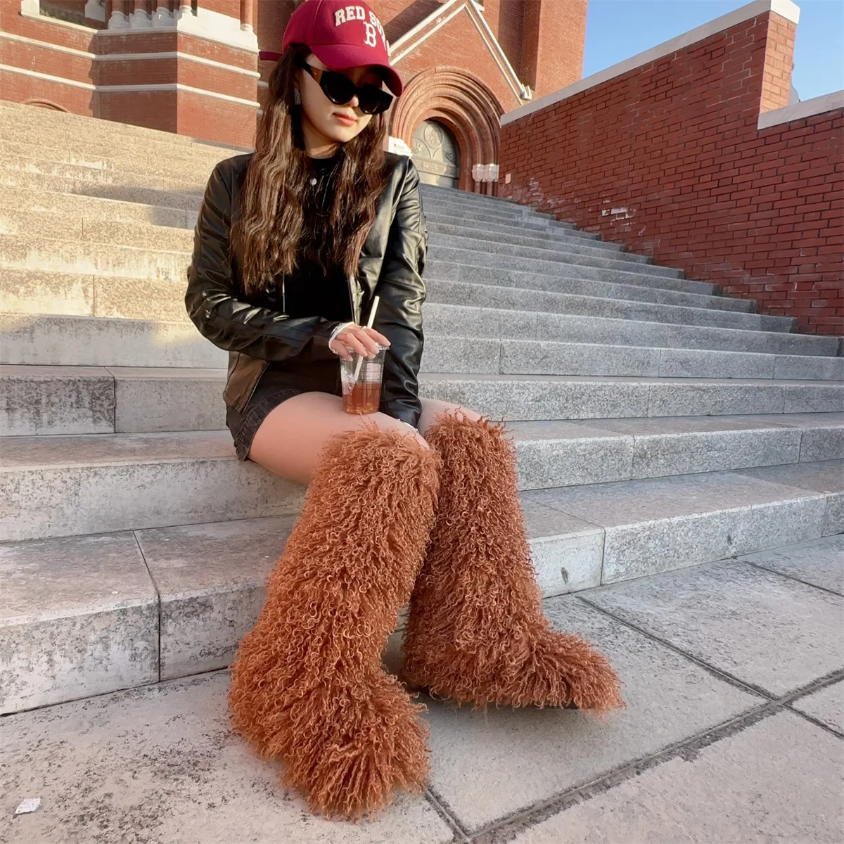 Women Winter Knee High Fluffy Ladies Furry Faux Mongolian Fur Long Warm Shoes girls New Designer Plush Knee High Fur Boots