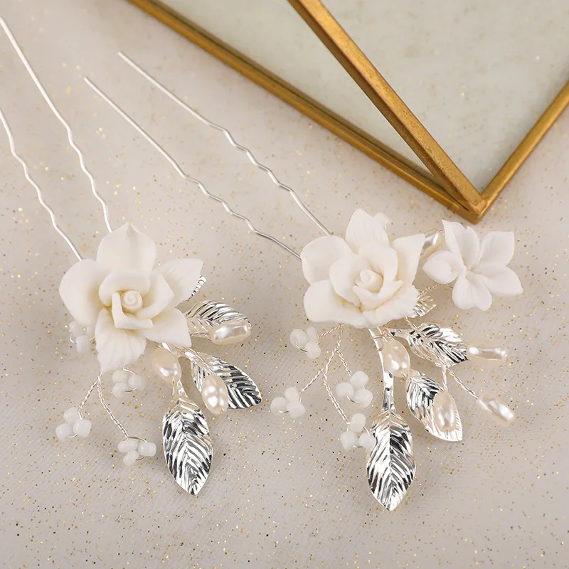 Floralbride Alloy Leaf Ceramic Flower Rhinestones Crystal Pearls Bridal Hair Pins Wedding Hair Sticker Women Hair Accessories