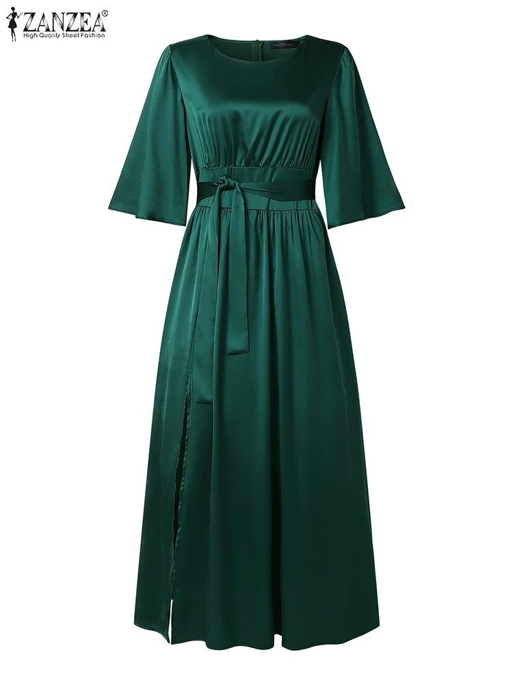 ZANZEA femmes robe d'été 2025 élégant européen à volants longue ourlet fendu Satin soie robe mode ceinture O cou demi manches fête Vestido
