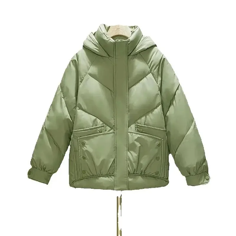 2025 inverno curto algodão-acolchoado jaqueta feminina leve parkas para baixo casacos superior com capuz preto grosso quente zip-up outerwear feminino