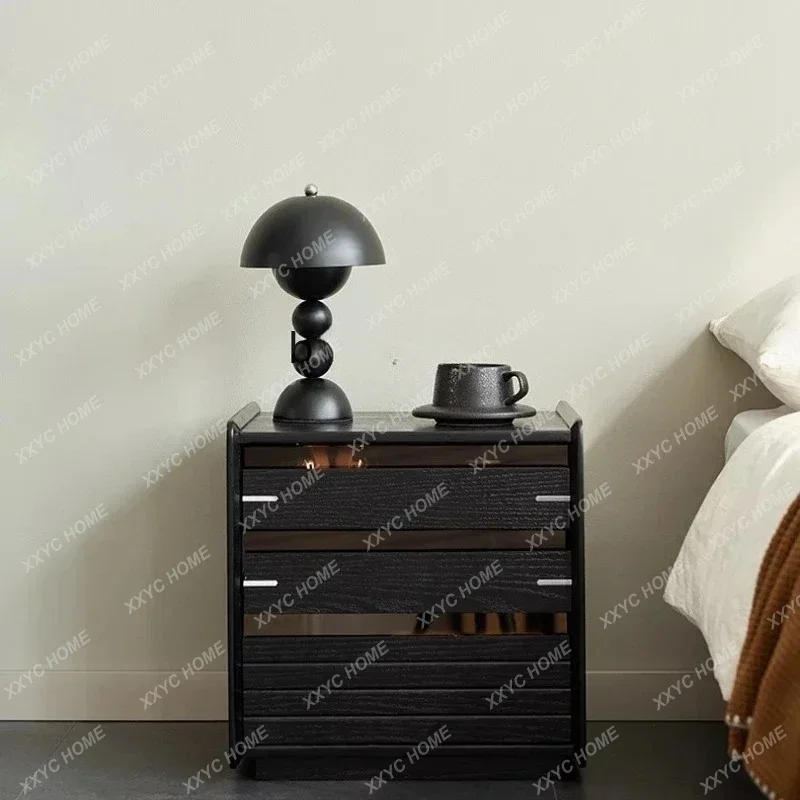 

minimalist solid wood bedside table, bedroom home black, ultra-narrow crevice storage