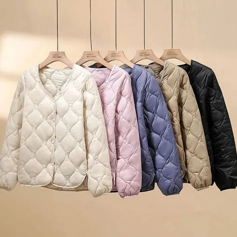 2024 Winter Women Down Cotton Coat Ultralight Collarless Duck Down Jackets Solid O-Neck Keep Warm Puffer Overcoat Female Parkas