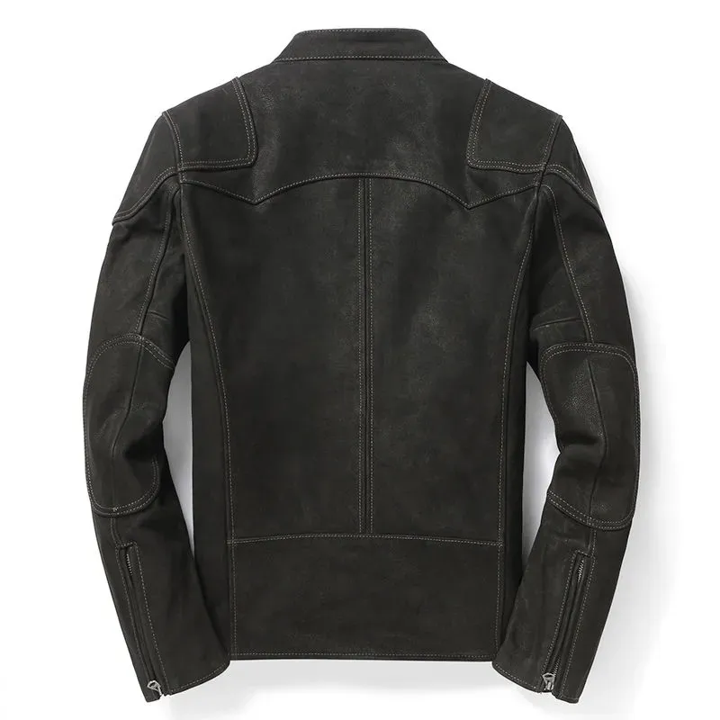 Black Autumn Leather Jacket Men Sports Style Plus Size 4XL Genuine Natural Cow Suede Stand Collar Slim Fit Short Leather Coat