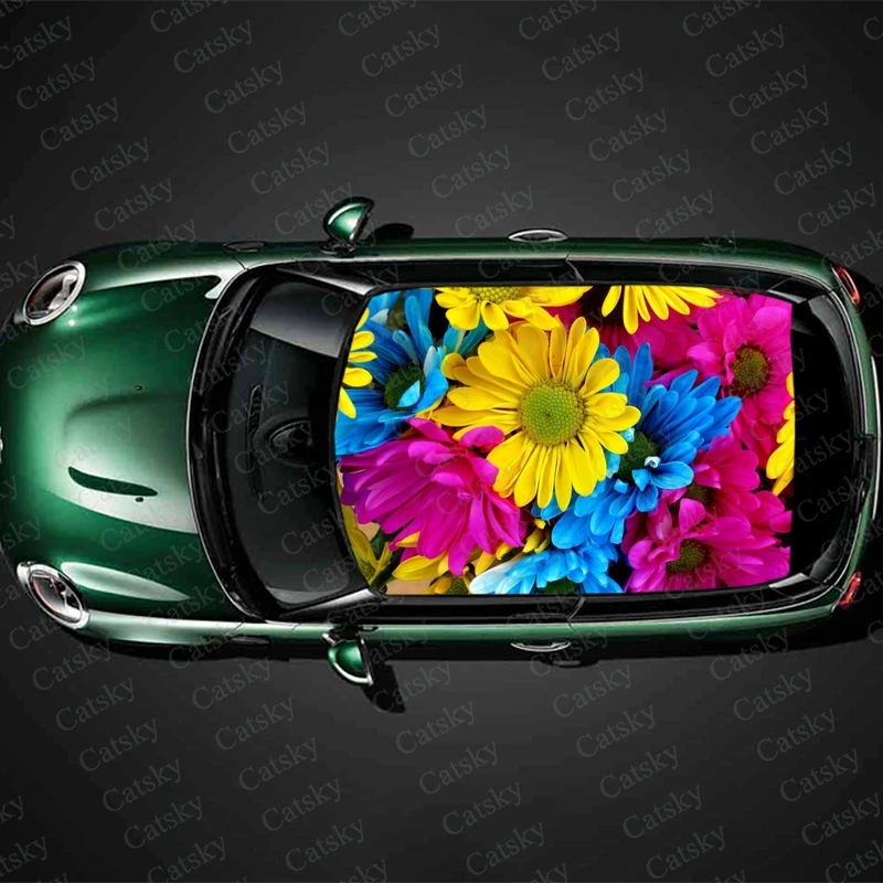 

Colorful Daisies Print Car Roof Sticker Wrap Racing SUV Auto Accessories Packaging Painted PVC Car Hood Graphic Decal Decoration