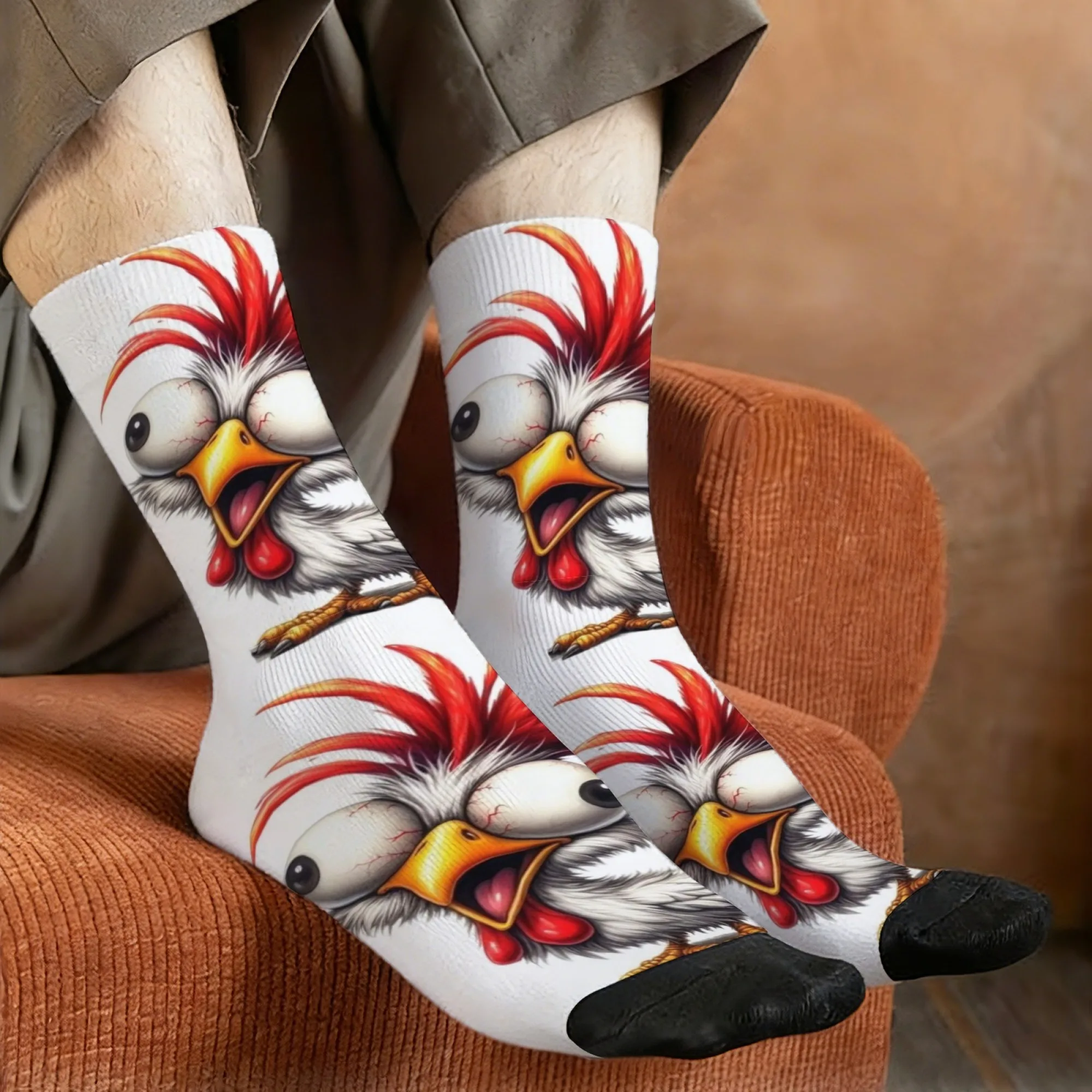 Crazy Cartoon Rooster Print Mid-calf Socks Frizzy Red Comb Quirky Rooster Image Exaggerated Comical Gift for Quirky Fun Friends