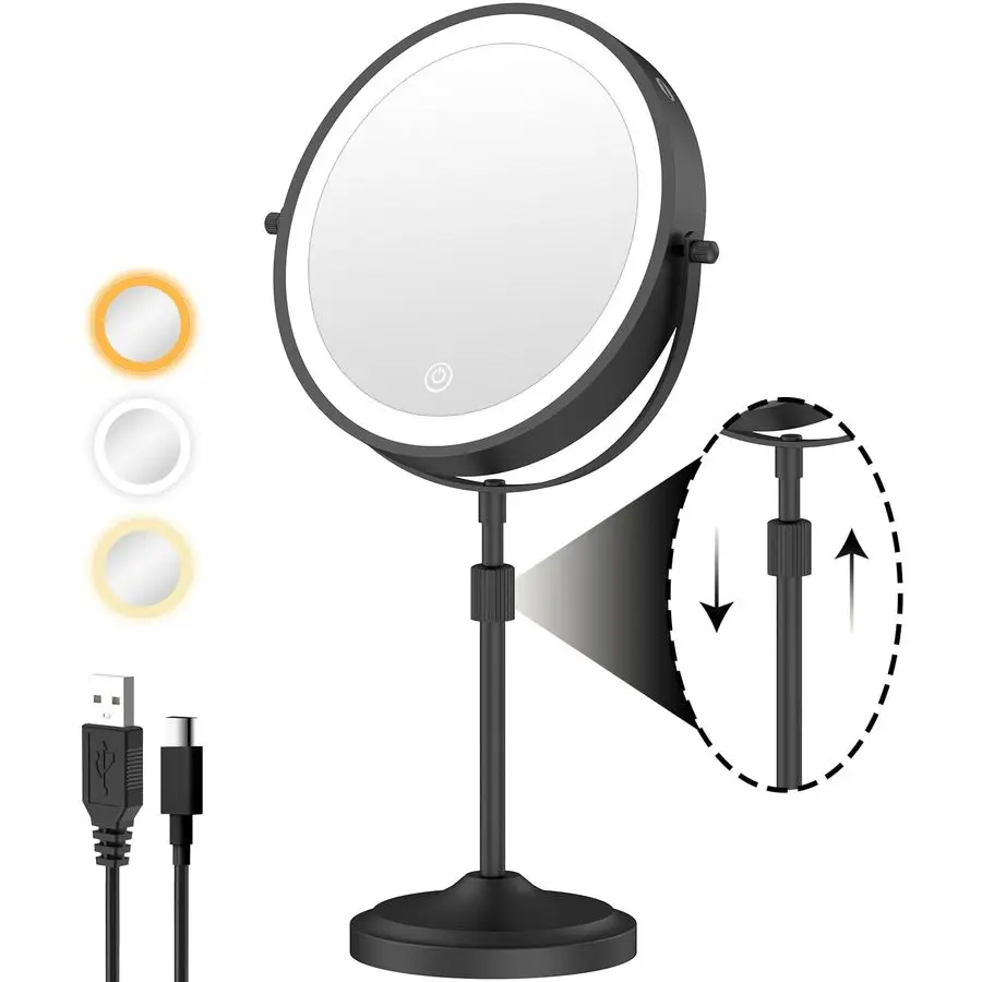Lighted Makeup Mirror with 1X 10x Magnification, 5000mAh Rechargeable Led Magnifying Vanity mirror with lights, 3 Lighting Color