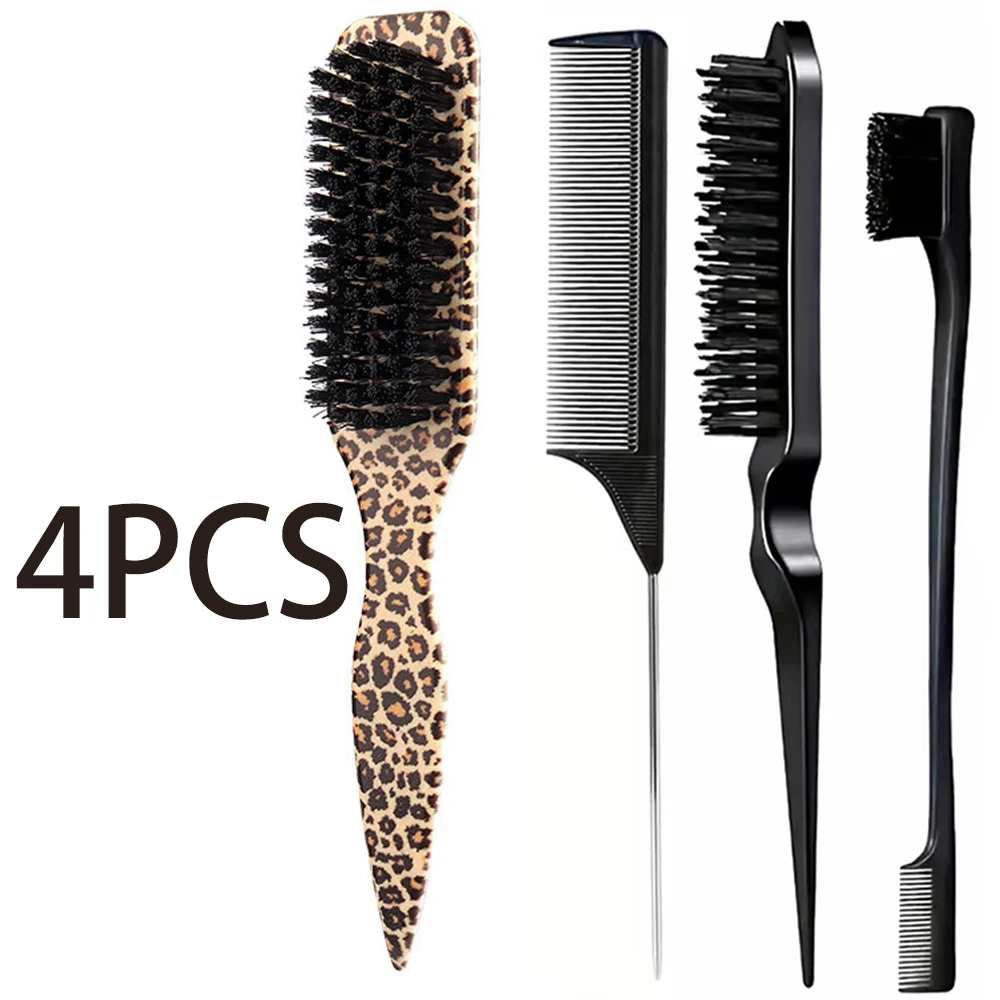 4Pc Boar Bristle Slick Back Hair Brush Set For Sleek Ponytail Bun Smoothing Baby Hairs, Flyaways, Edge Control Backcombing Teasi