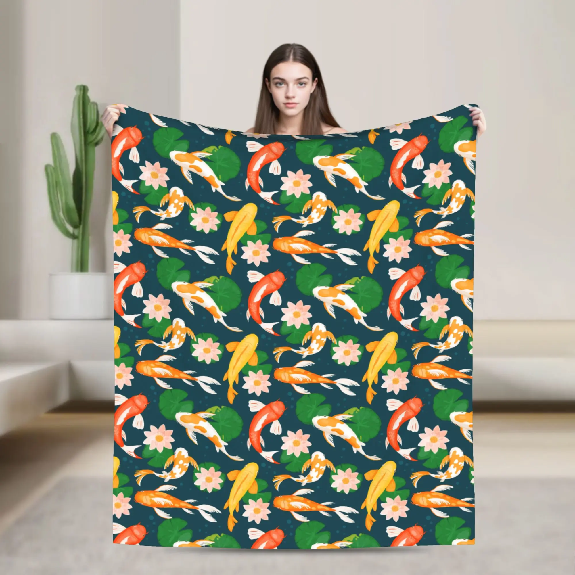 Koi Carp in Lotus Pond Throw Blanket Comfortable Graphic Blanket  For Living Room Travel Car Flannel Bedspread Bed Cover