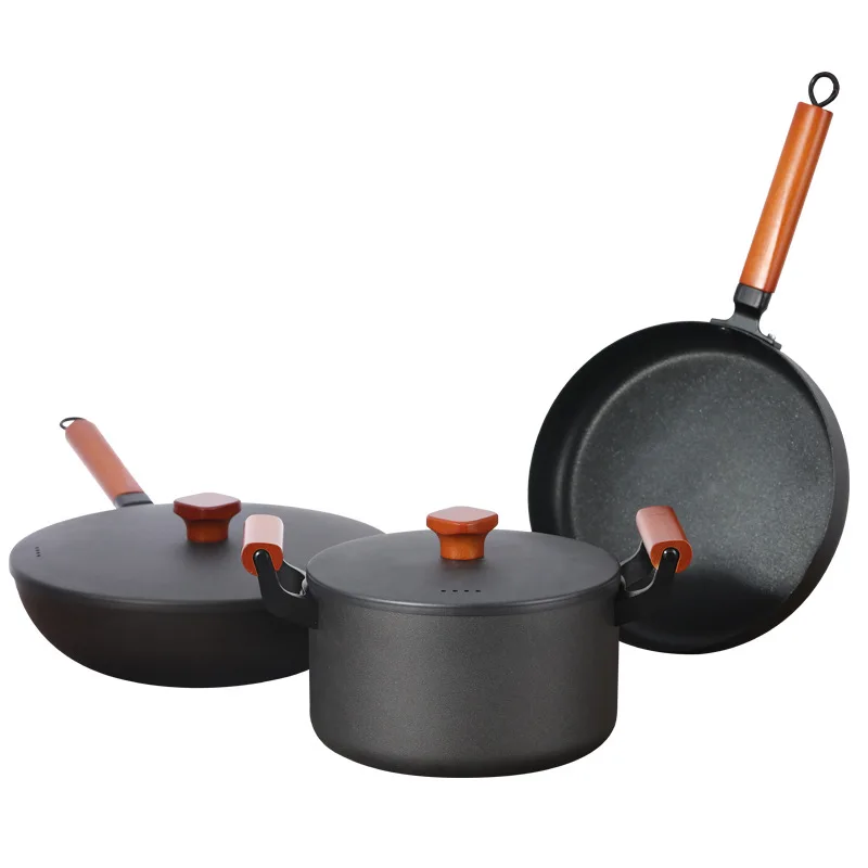 Cast Iron Cookware Set Wooden Handle 3-Piece Round Flat Frying Pan 10.3 Inch/Round Wok 11.8 Inch/Stew Pot 8.7 Inch