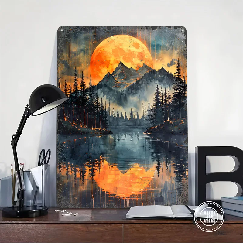 Orange Sun Misty Mountains Poster Customized Wall Art Vintage Metal Signs Retro Tin Plaque for Man Cave Home Decorations Decor