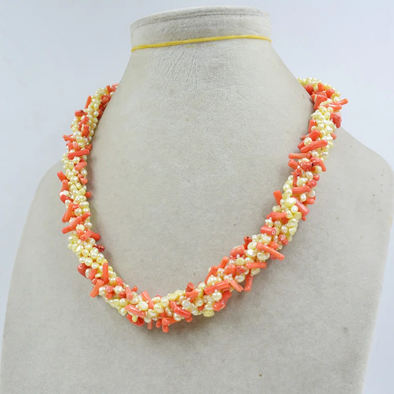 6 strands of natural 3MM baroque pearl and orange coral necklace. Latest design classic products 21 inch women wedding jewelry