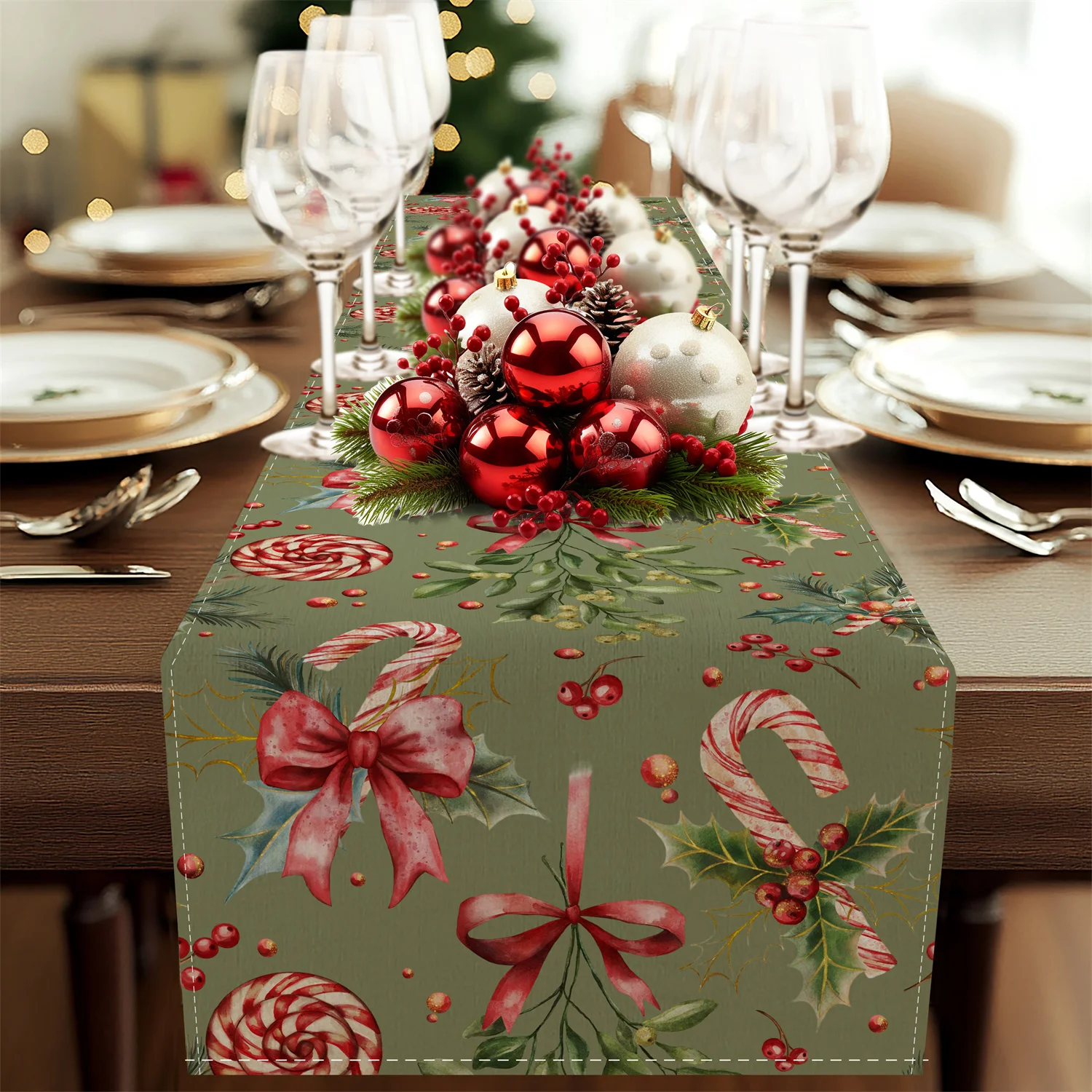 VIKAMA Grüner Weihnachts-Tischläufer und Tischflaggen-Dekoration für Küche, Esstisch, Zuhause, Urlaubsdekoration, Weihnachtsgeschenk