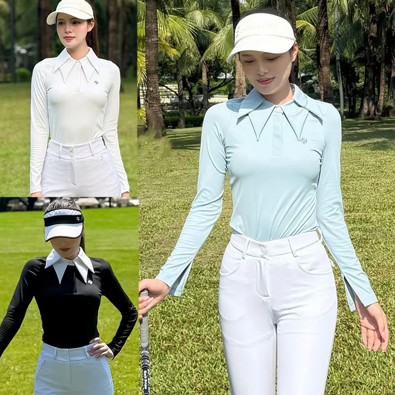 SG Women Spring Autumn Golf Polo Shirts Long Sleeve Double Collar Top Ladies Performance Elastic T-Shirts Split Sleeve Design