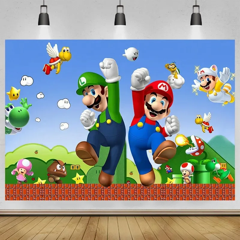 Backdrop Super Marios Luigi Boys Bros Birthday Party Photography Background Baby Shower Event Wall Banner Poster Banner Decor