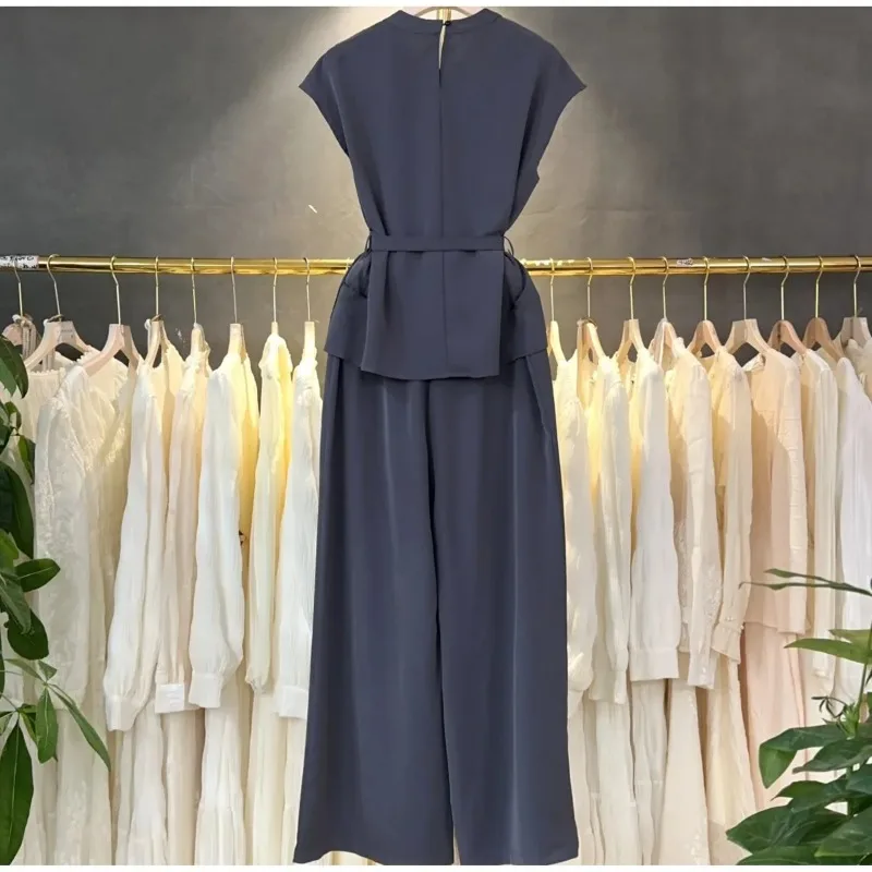 Women Sleeveless Tie Waist Blouse Wide Leg Pants 2PCS Elegant Summer Outfit Set