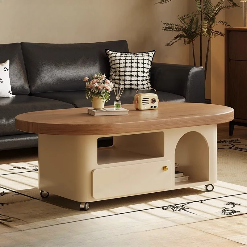

Medieval cream wind solid wood coffee table living room household small apartment tea table premium oval tea table with wheels m