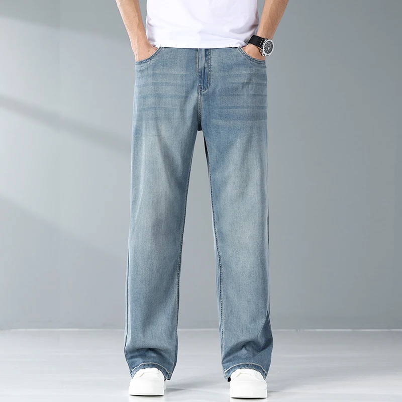 Summer Ice Silk Thin Light Gray Jeans for Men Loose Wide Leg Plus Size Casual Trousers High Quality Stretch Soft Fabric Pants