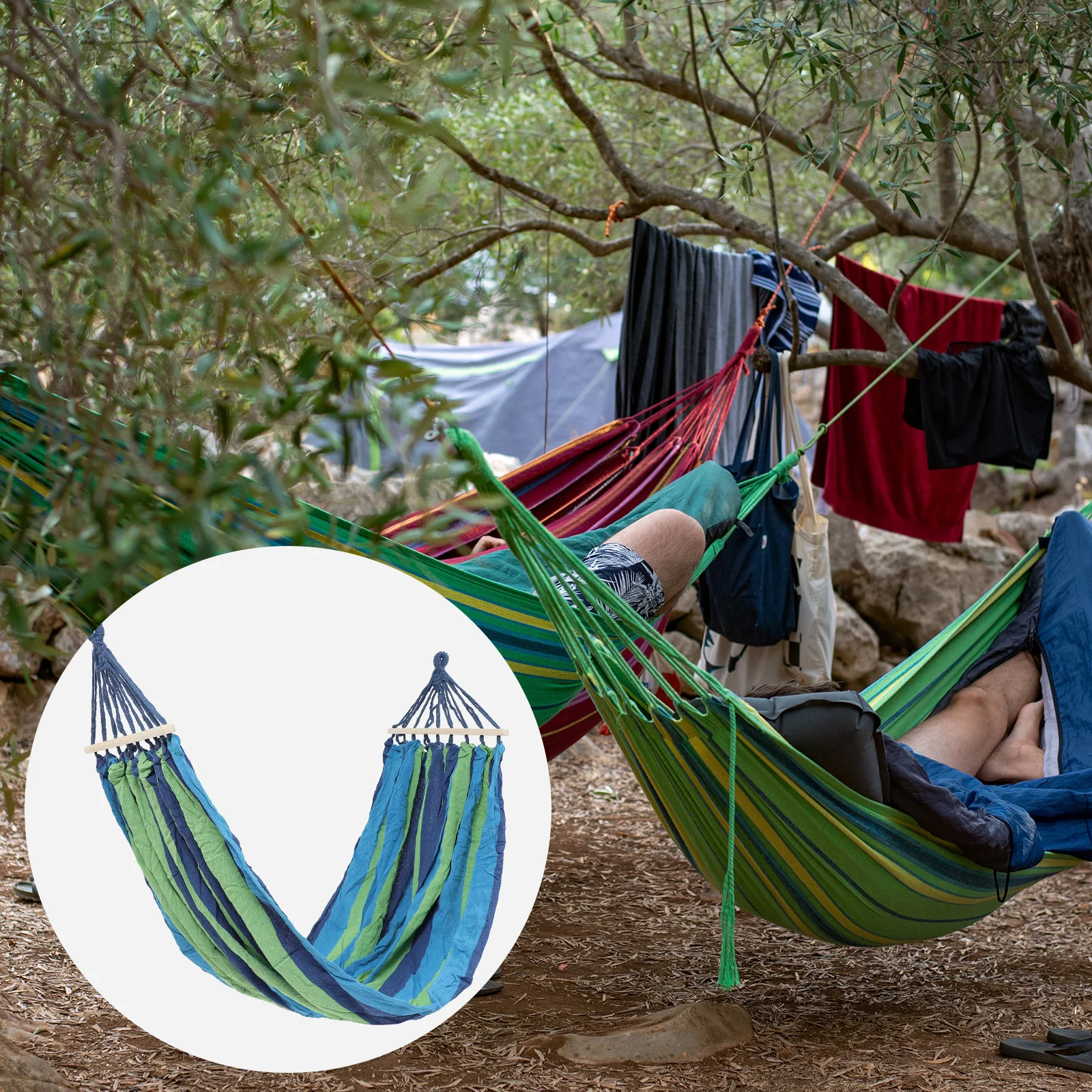 

Outdoor Double Person Rainbow Stripe Hammock Blue 190x150cm Anti Rollover Wooden Stick Camping Travel Sleeping Bed