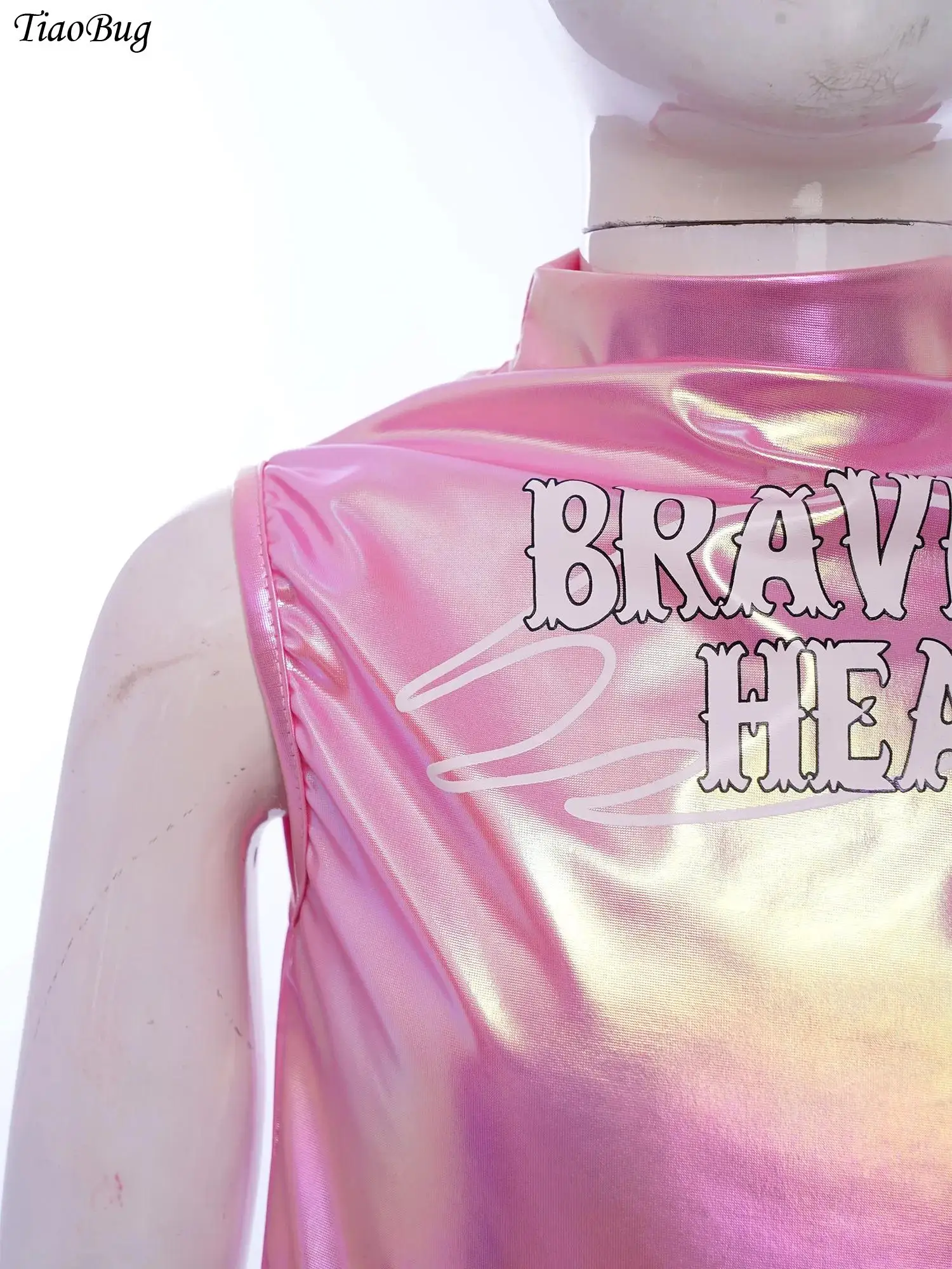 

Kids Girls Hip-Hop Jazz Dance Performance Costume Rhinestones Crew Neck Sleeveless Metallic Crop Top Snakeskin/Letter Print