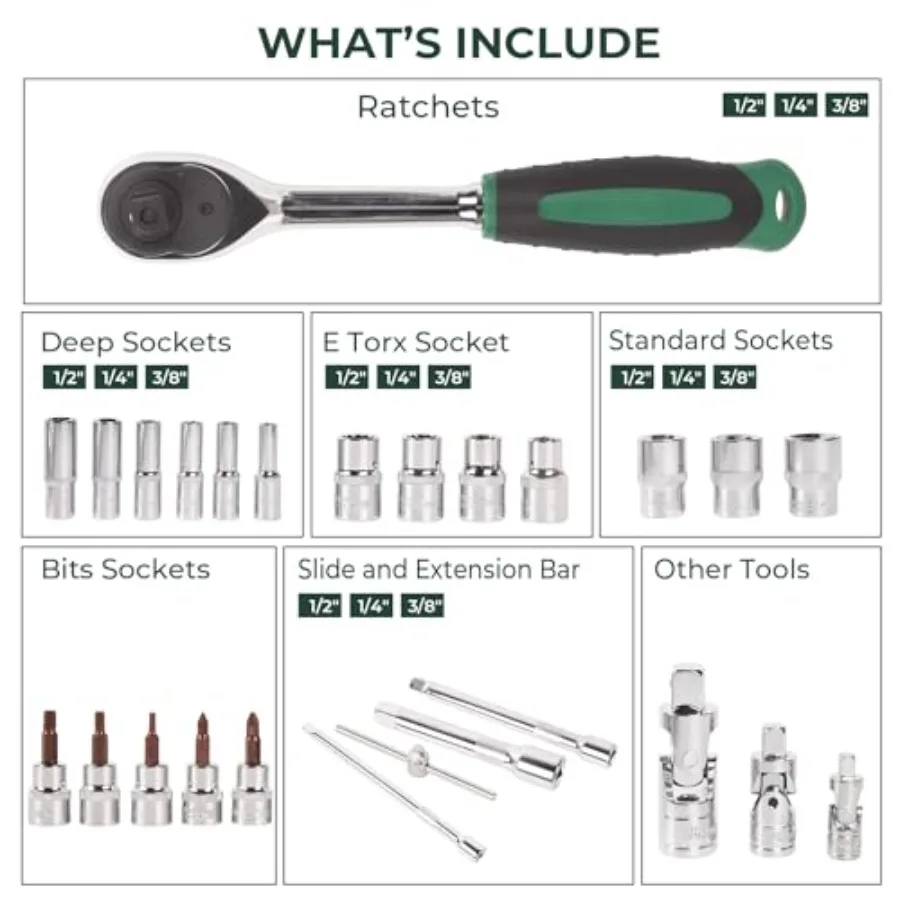 151 шт. Набор головок и приводных инструментов 1 2 1 4 3 8 Набор механических инструментов Набор головок Набор метрических головок Размеры привода с пластиком T