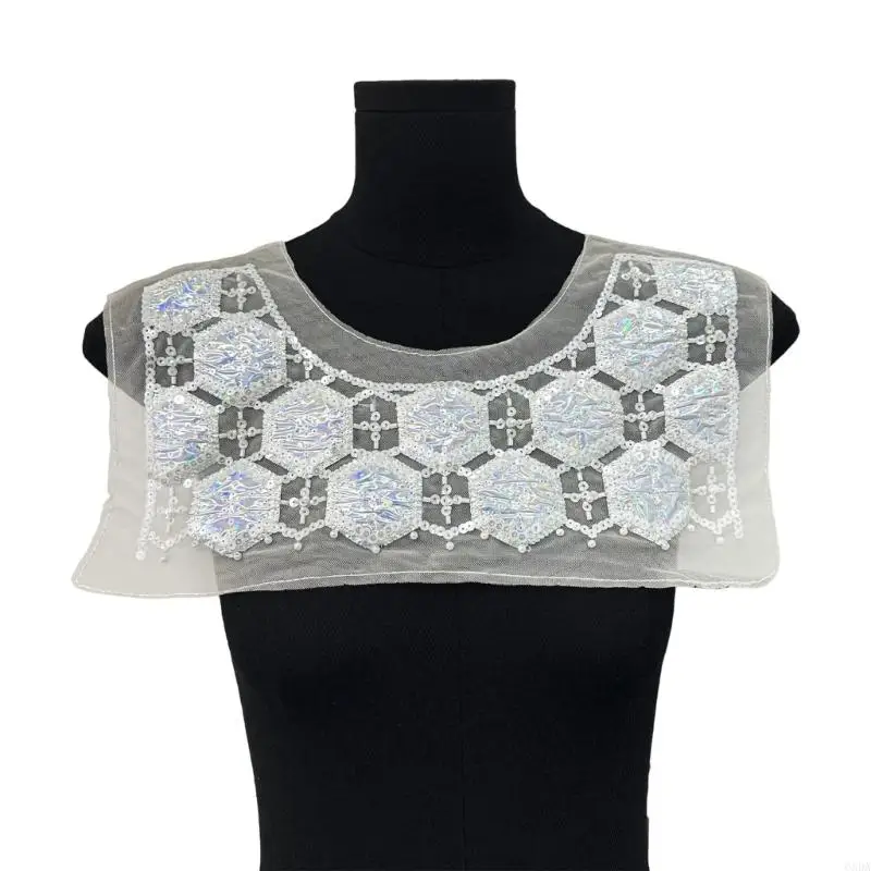 Stylish Embroidered Flower Appliques Lace Sewing Fabric Bridal Patches Beaded Pearls Collar Decoration Tulle 6XDA