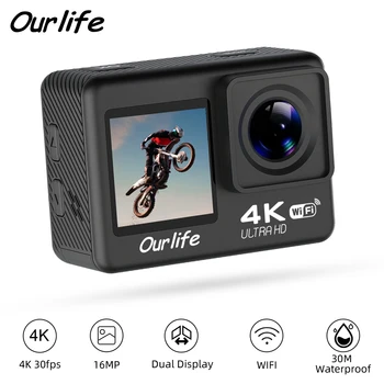 Ourlife Action Camera 4K 30FPS WiFi 30M Underwater Waterproof 170° DVR Sports Video Recording 2.0'' Screen Display Video Camera