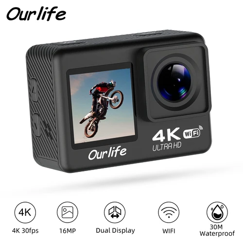 Imagen 1 del producto Cámara de acción Ourlife 4K 30FPS WiFi 30M bajo el agua impermeable 170 ° Grabación de vídeo deportiva DVR Cámara de vídeo con pantalla de 2,0''