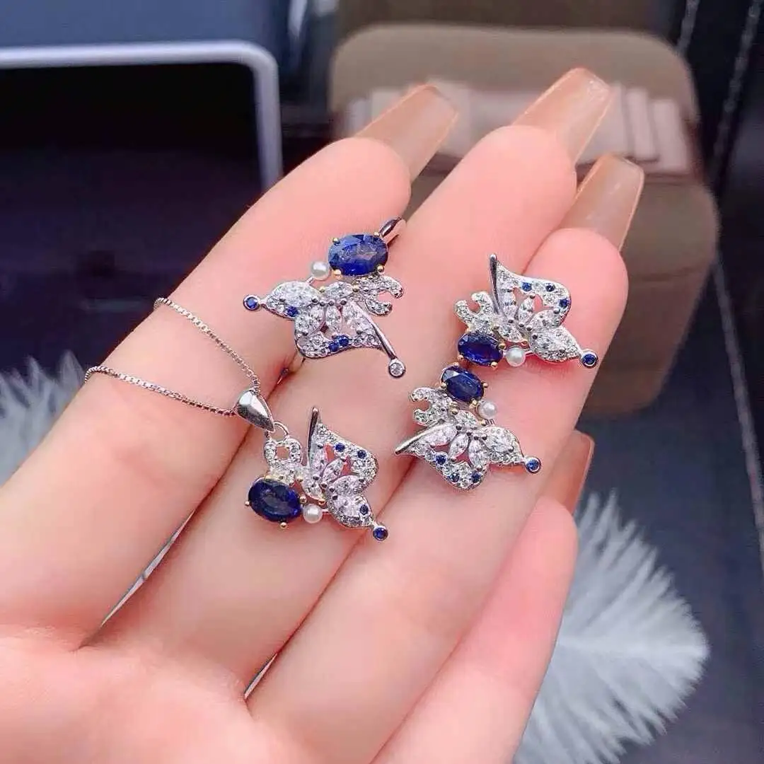 Natural and Real Sapphire Set 925 Sterling Silver Classic Women Party Jewelry set 1pc ring,1pc pendant,2pcs earrings