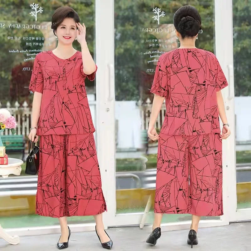 Middle-Aged Elderly Mother Pant Suit Short-Sleeved Large Size Grandma Clothes Loose Spring Summer Womens Two Peice Sets 2XL-8XL