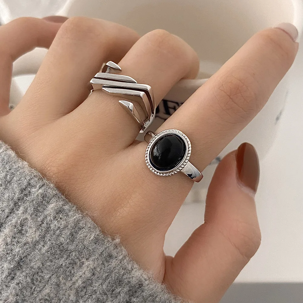 Korean Fashion Open Adjustable 925 Sterling Silver Geometric Black Stone Rings For Women Men Simple Handmade Ring Couple Gifts