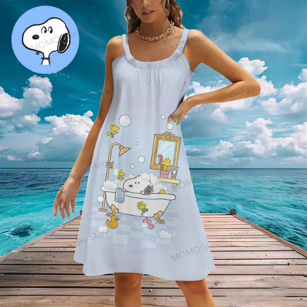 Women's Beach Dresses Snoopy Kawaii Y2k Summer Boho 2024  S-3XL Youthful Woman Clothes New Dress Sling  Fashion