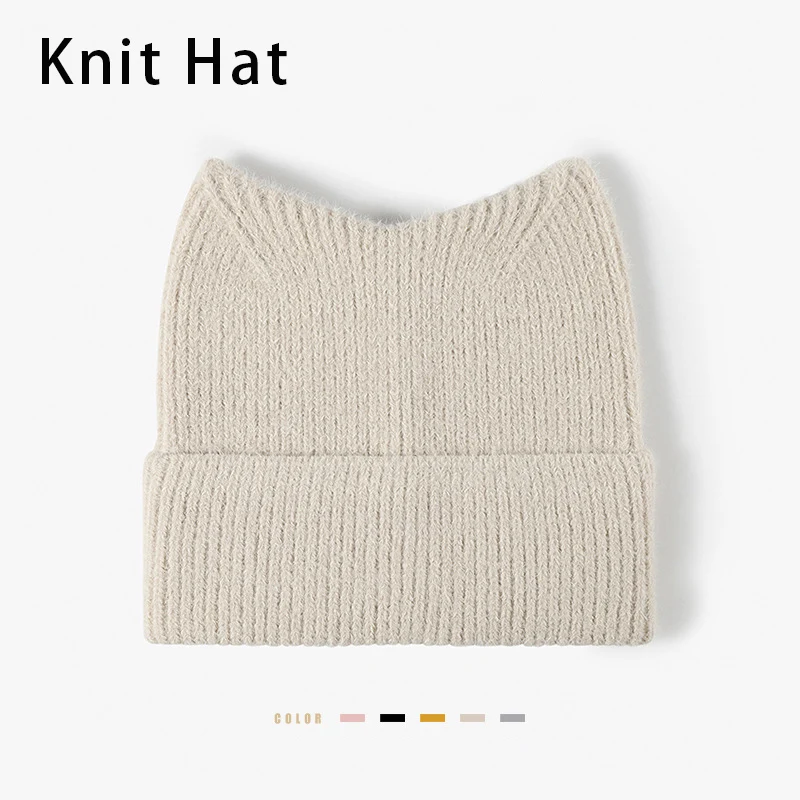 Solid Color Plush Feather Yarn Winter Hat For Women Adorable Cat Ear Faux Fur Beanie Hat Plain Cute Cozy Ear Flaps Knit Hat