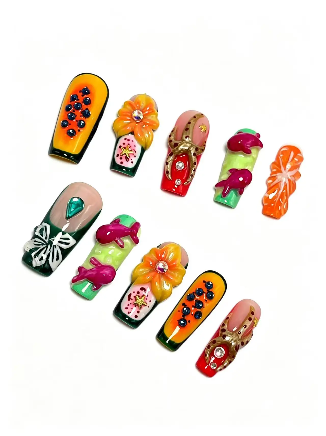 Handmade Ocean Press On Nails, 3D Dolphin Flower Starfish Fake Nails, Summer Square Nail Art