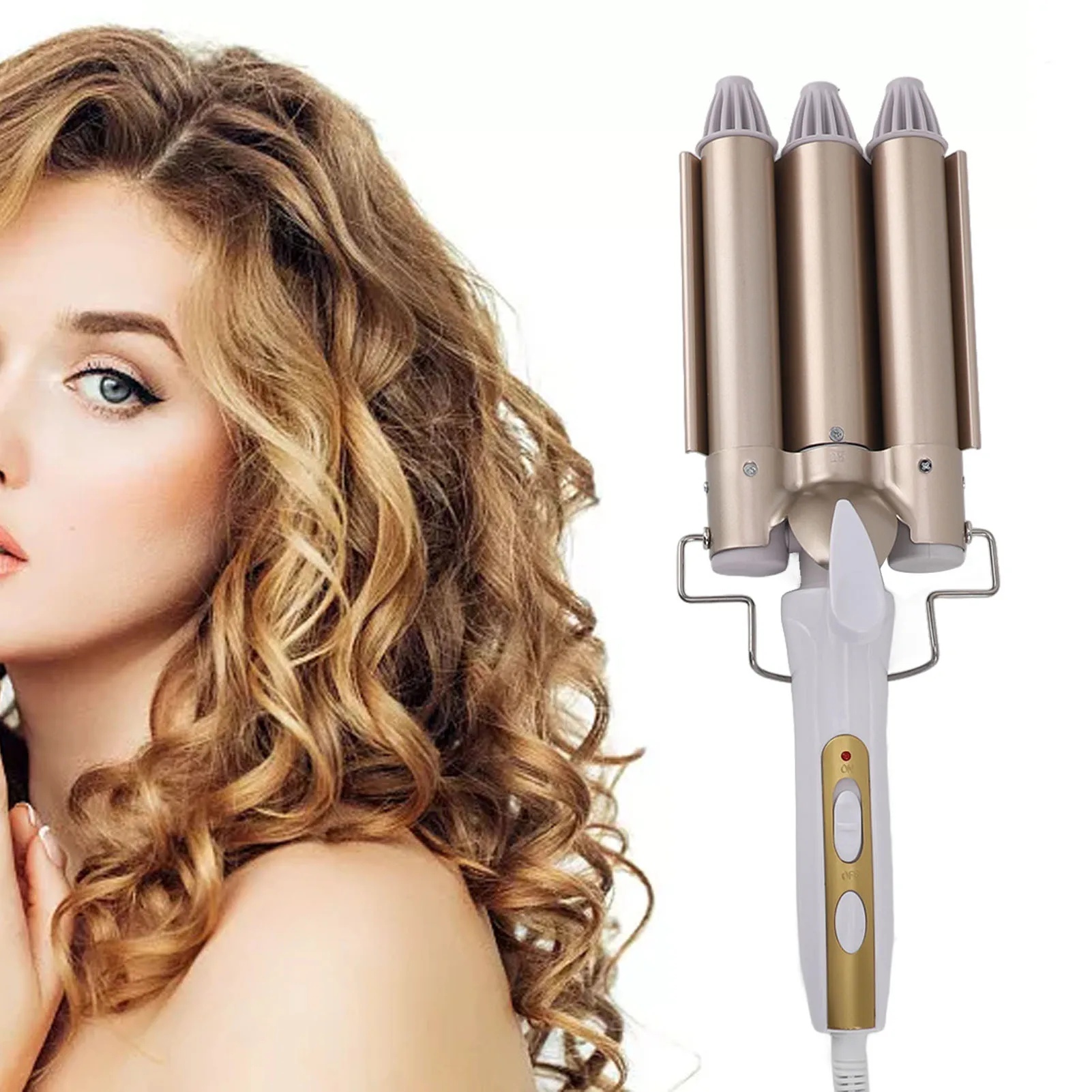 

25mm Curling Iron Wand Adjust Temperature Fast Heating 3 Barrel Hair Curler Golden 3 Barrel Curling Iron Hair Waver Curling Iron