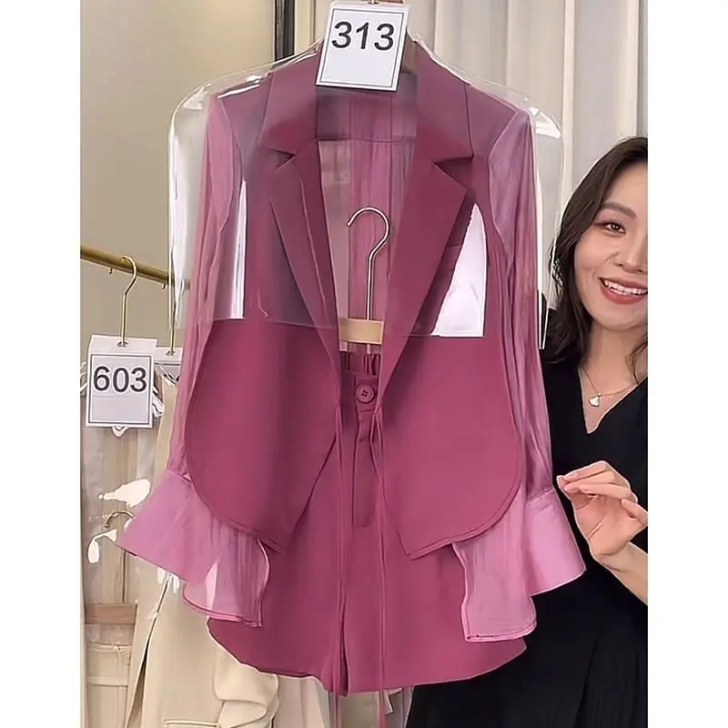 Patchwork Ruffled Short Suits Two Piece Set Women Thin Blazers Ropa Jacket Wide Leg Shorts Pant Lady Coat Korean New