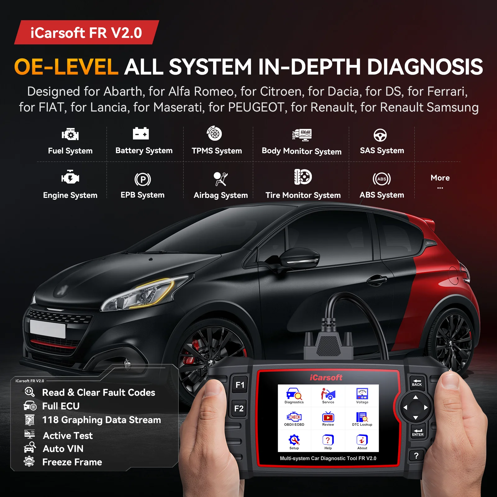 iCarsoft FR V2.0 OBD2 Scanner Professional Multi-Systems Car Diagnostic Tool for French & Italian Vehicle Makes Code Reader