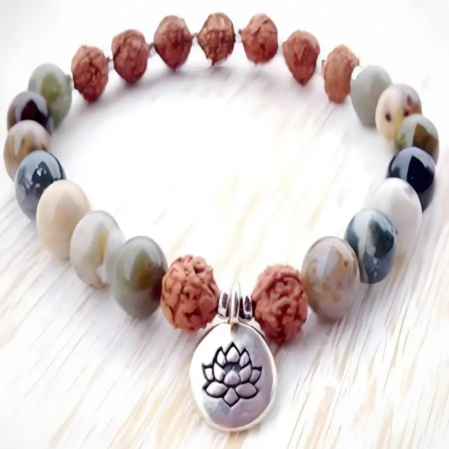 

8mm Indian Agate Gemstone Mala Bracelet lotus Buddha pendant tassel Bead zazen Gemstone Sacred Tibetan Meditation Buddha elastic