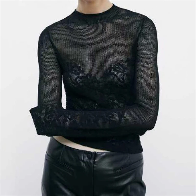 

Spring New Women's Round Neck Knitted Embroidered Long Sleeve T-Shirt y2k High Quality Fashion Casual Elastic Slim Fit Sheer Top