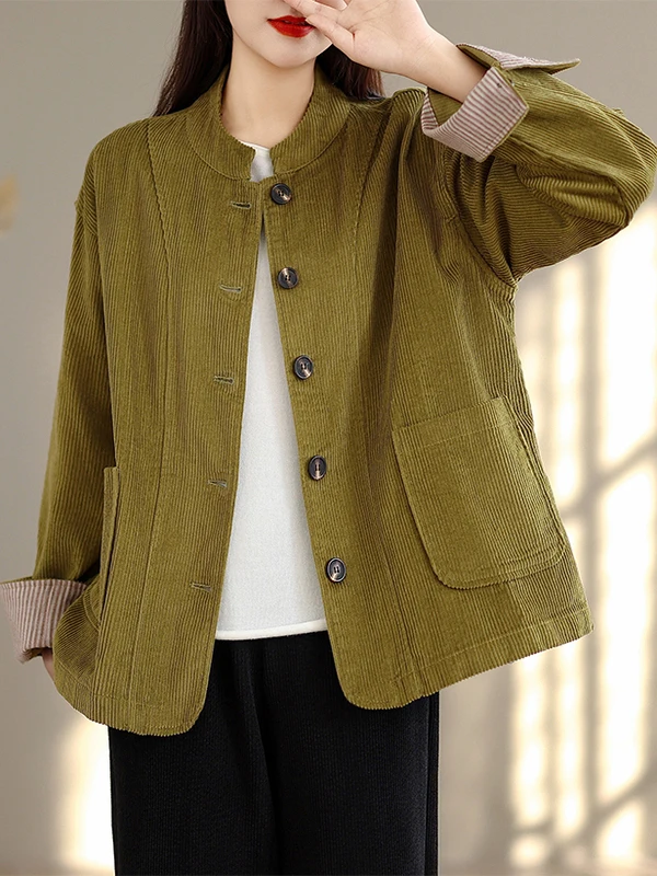 Cardigan rétro en velours côtelé à col montant pour femme, ample et décontracté, grande taille, ouvert avec boutons, assorti à tout, nouvelle collection automne